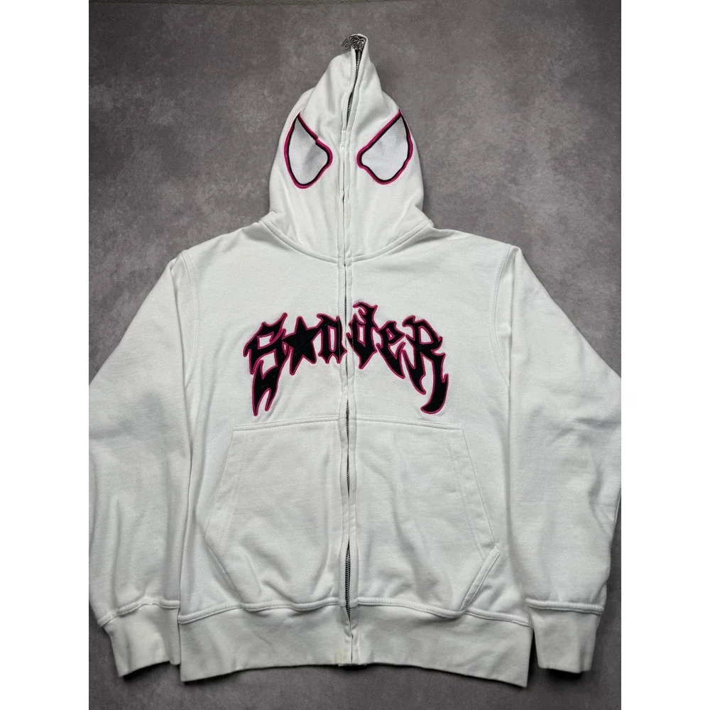 Spider Worldwide Y2K Full Zip Hoodine Face Mask Eyes White Pink Adult S Oversize